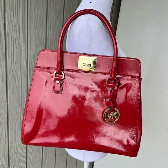 Michael Kors Red Patent Satchel Gold HW, Flip-Lock, MK Charm, 13" - Picture 3 of 10